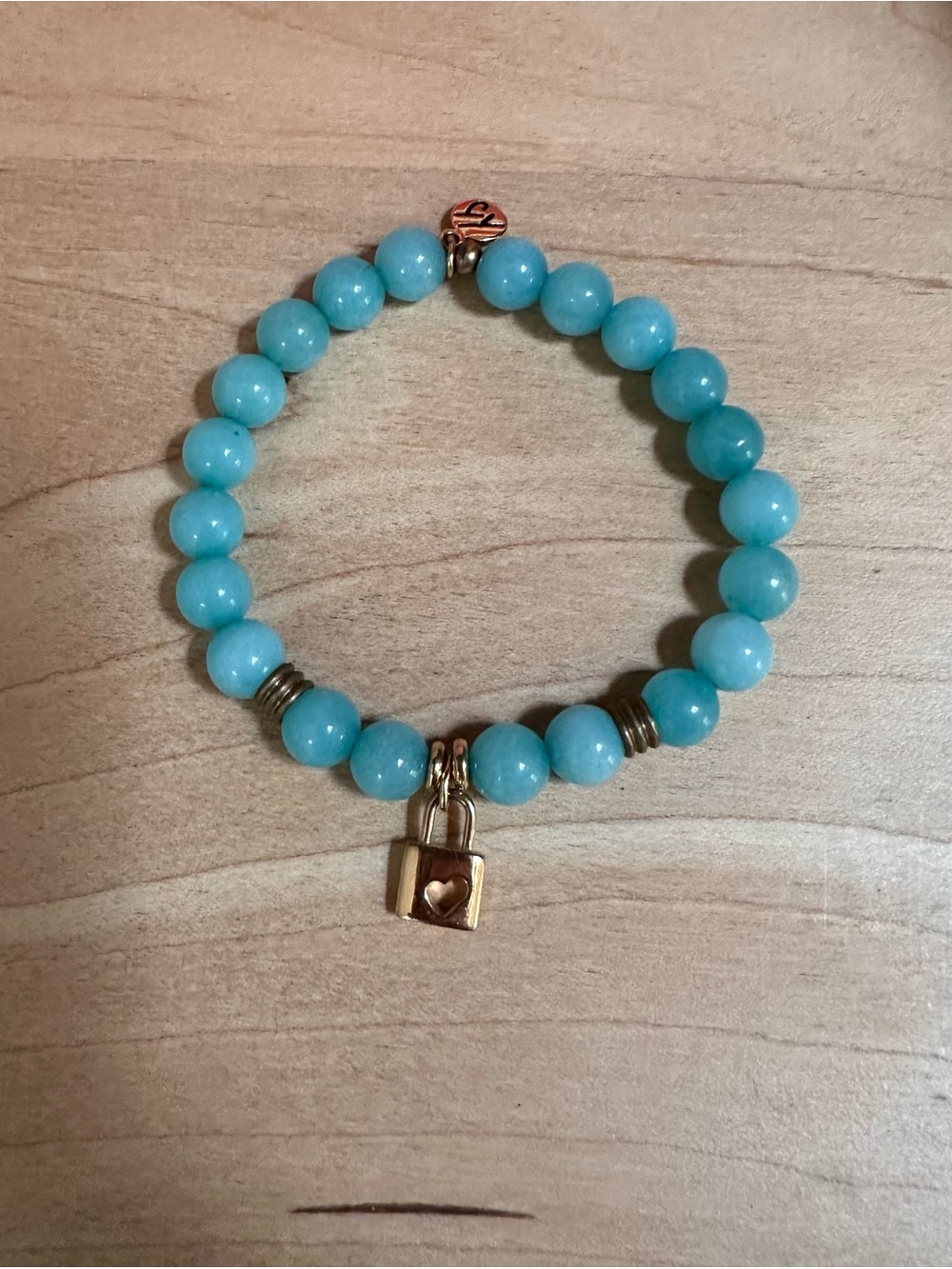 T. Jazelle Turquoise Beaded Stretch Bracelet with Gold Heart Padlock Charm